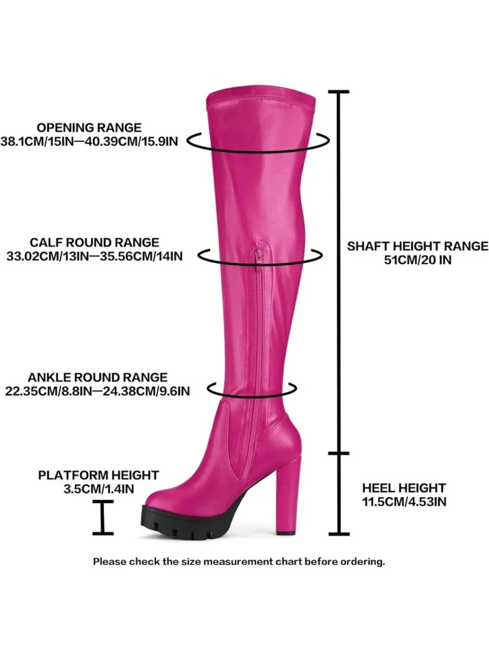 Women's Hot Pink Round Toe Faux Leather Chunky Heel Over The Knee High Boots